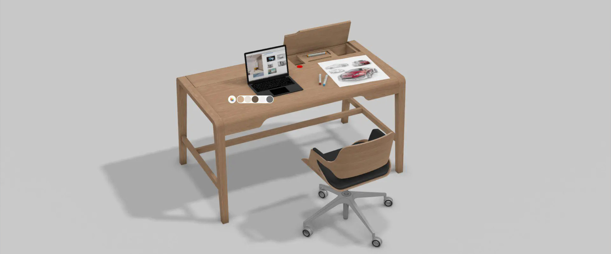 3D-Konfigurator: Schreibtisch aus Holz mit Bürostuhl und Auswahl der Oberflächen am Modell
